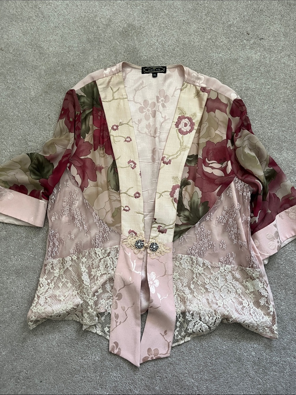 Floral Silk Lace and Satin Kimono Jacket - Pink, Burgundy, Green